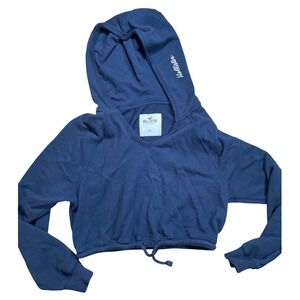 Hollister Cozy Cropped Hoodie Navy Blue V Neck Drawstring Size XS